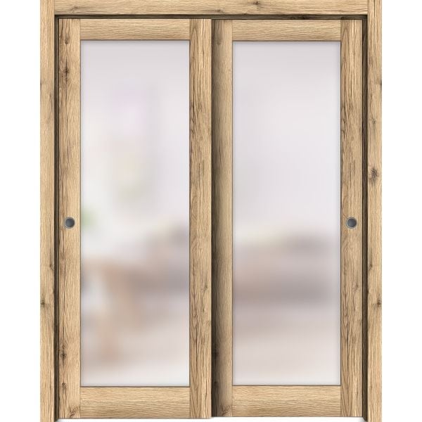 Sliding Closet Frosted Glass Bypass Doors | Planum 2102 Oak  | Sturdy Rails Moldings Trims Hardware Set | Wood Solid Bedroom Wardrobe Doors -36" x 80" (2* 18x80)