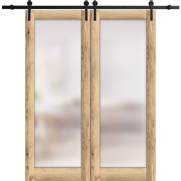 Sturdy Double Barn Door | Planum 2102 Oak with Frosted Glass | 13FT Rail Hangers Heavy Set | Solid Panel Interior Doors
