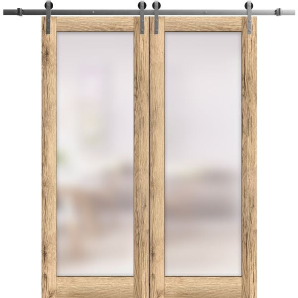 Sturdy Double Barn Door | Planum 2102 Oak with Frosted Glass | Silver 13FT Rail Hangers Heavy Set | Solid Panel Interior Doors