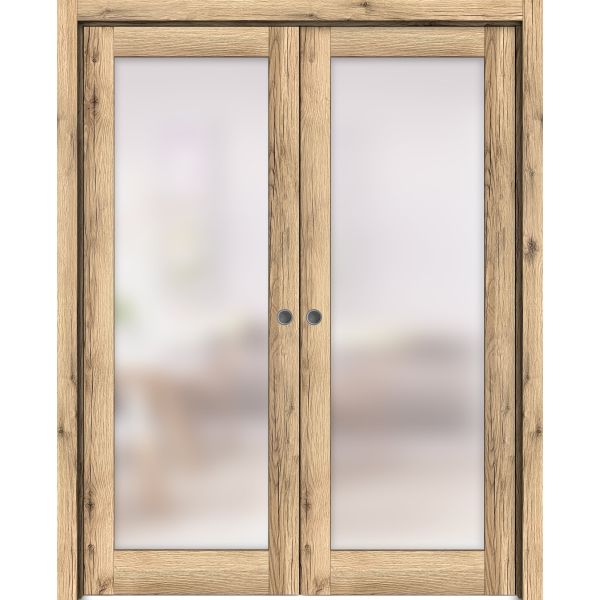 Sliding French Double Pocket Doors Frosted Glass | Planum 2102 Oak  | Kit Trims Rail Hardware | Solid Wood Interior Bedroom Sturdy Doors-36" x 80" (2* 18x80)