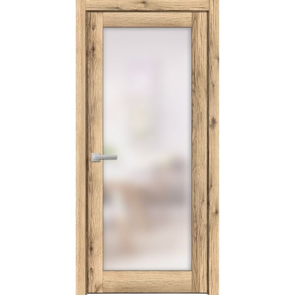Solid French Door | Planum 2102 Oak with Frosted Glass | Single Regular Panel Frame Trims Handle | Bathroom Bedroom Sturdy Doors 