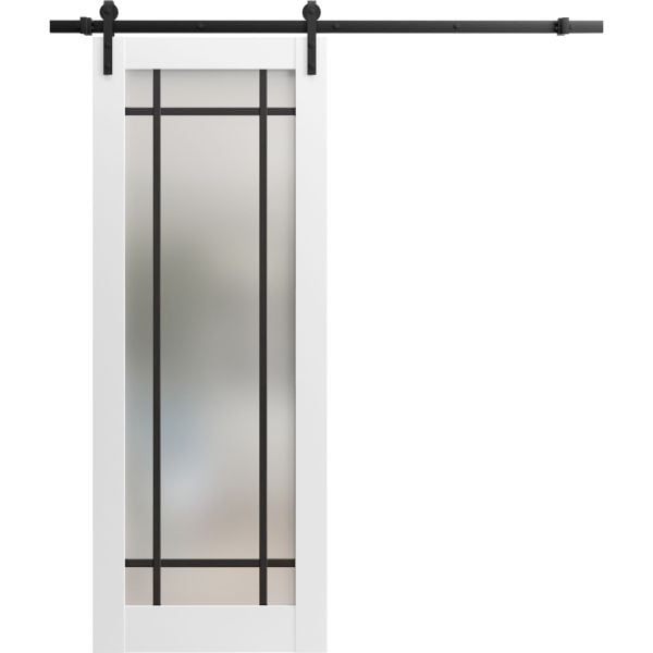 Sturdy Barn Door Frosted Tempered Glass | Planum 2112 White Silk with Frosted Glass | 6.6FT Black Rail Hangers Heavy Hardware Set | Modern Solid Panel Interior Doors