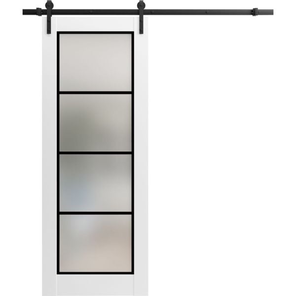 Sturdy Barn Door Frosted Tempered Glass | Planum 2132 White Silk with Frosted Glass | 6.6FT Black Rail Hangers Heavy Hardware Set | Modern Solid Panel Interior Doors