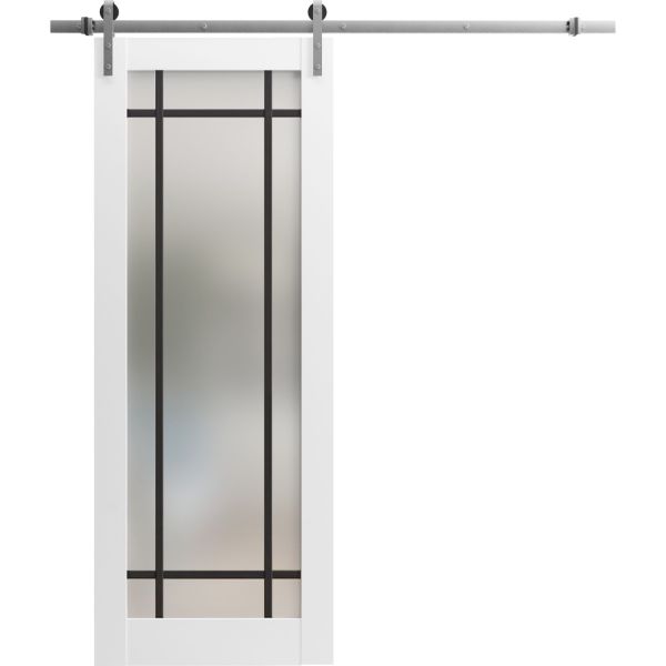 Sturdy Barn Door | Planum 2112 White Silk with Frosted Glass | 6.6FT Silver Rail Hangers Heavy Hardware Set | Modern Solid Panel Interior Doors
