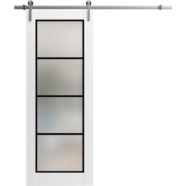 Sturdy Barn Door | Planum 2132 White Silk with Frosted Glass | 6.6FT Silver Rail Hangers Heavy Hardware Set | Modern Solid Panel Interior Doors