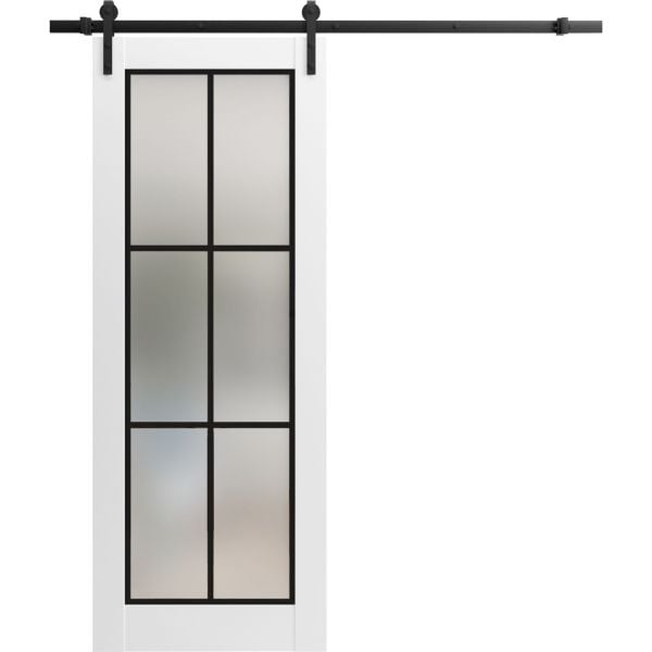 Sturdy Barn Door Frosted Tempered Glass | Planum 2122 White Silk with Frosted Glass | 6.6FT Black Rail Hangers Heavy Hardware Set | Modern Solid Panel Interior Doors