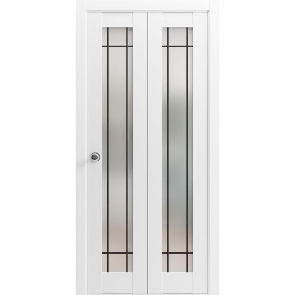 Sliding Closet Bi-fold Doors | Planum 2112 White Silk with Frosted Glass | Sturdy Tracks Moldings Trims Hardware Set | Wood Solid Bedroom Wardrobe Doors 