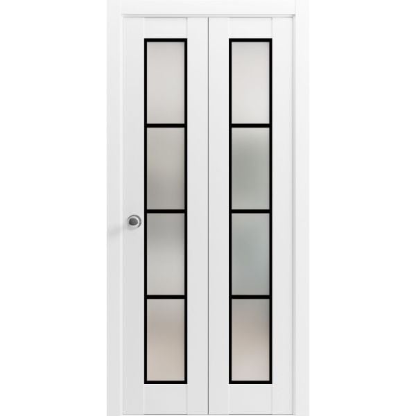 Sliding Closet Bi-fold Doors | Planum 2132 White Silk with Frosted Glass | Sturdy Tracks Moldings Trims Hardware Set | Wood Solid Bedroom Wardrobe Doors 
