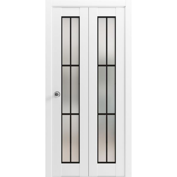 Sliding Closet Bi-fold Doors | Planum 2122 White Silk with Frosted Glass | Sturdy Tracks Moldings Trims Hardware Set | Wood Solid Bedroom Wardrobe Doors 