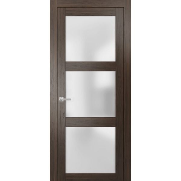 Solid French Door | Lucia 2552 Chocolate Ash with Frosted Glass | Single Regular Panel Frame Trims Handle | Bathroom Bedroom Sturdy Doors 