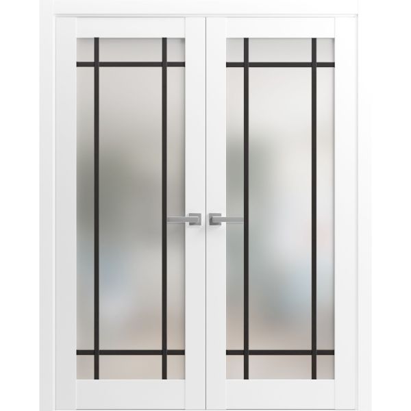 Solid French Double Doors | Planum 2112 White Silk with Frosted Glass | Wood Solid Panel Frame Trims | Closet Bedroom Sturdy Doors