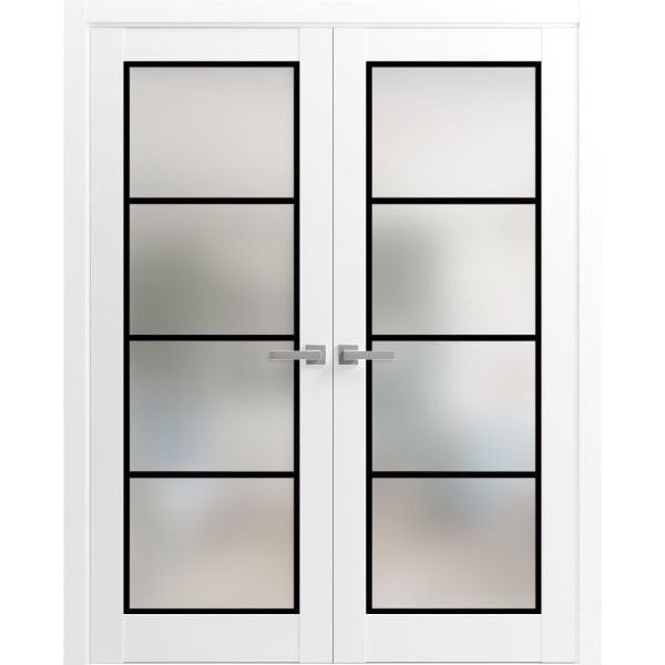 Solid French Double Doors | Planum 2132 White Silk with Frosted Glass | Wood Solid Panel Frame Trims | Closet Bedroom Sturdy Doors