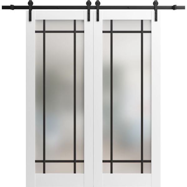 Sturdy Double Barn Door | Planum 2112 White Silk with Frosted Glass | 13FT Black Rail Hangers Heavy Set | Solid Panel Interior Doors