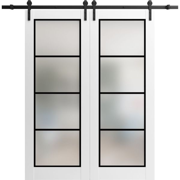 Sturdy Double Barn Door | Planum 2132 White Silk with Frosted Glass | 13FT Black Rail Hangers Heavy Set | Solid Panel Interior Doors