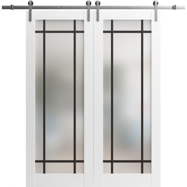 Sturdy Double Barn Door | Planum 2112 White Silk with Frosted Glass | 13FT Silver Rail Hangers Heavy Set | Solid Panel Interior Doors