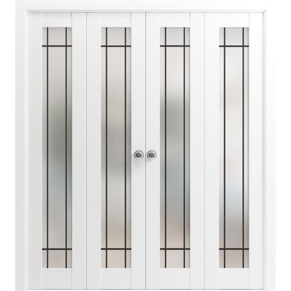 Sliding Closet Double Bi-fold Doors | Planum 2112 White Silk with Frosted Glass | Sturdy Tracks Moldings Trims Hardware Set | Wood Solid Bedroom Wardrobe Doors 