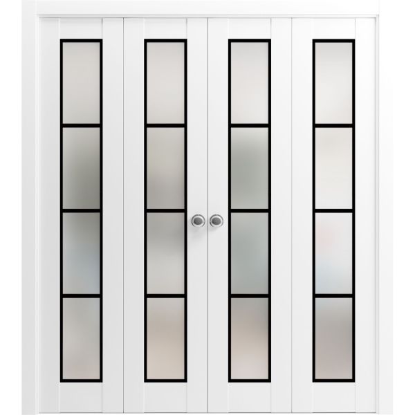 Sliding Closet Double Bi-fold Doors | Planum 2132 White Silk with Frosted Glass | Sturdy Tracks Moldings Trims Hardware Set | Wood Solid Bedroom Wardrobe Doors 