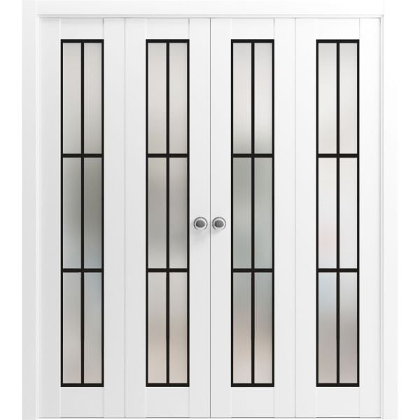 Sliding Closet Double Bi-fold Doors | Planum 2122 White Silk with Frosted Glass | Sturdy Tracks Moldings Trims Hardware Set | Wood Solid Bedroom Wardrobe Doors 