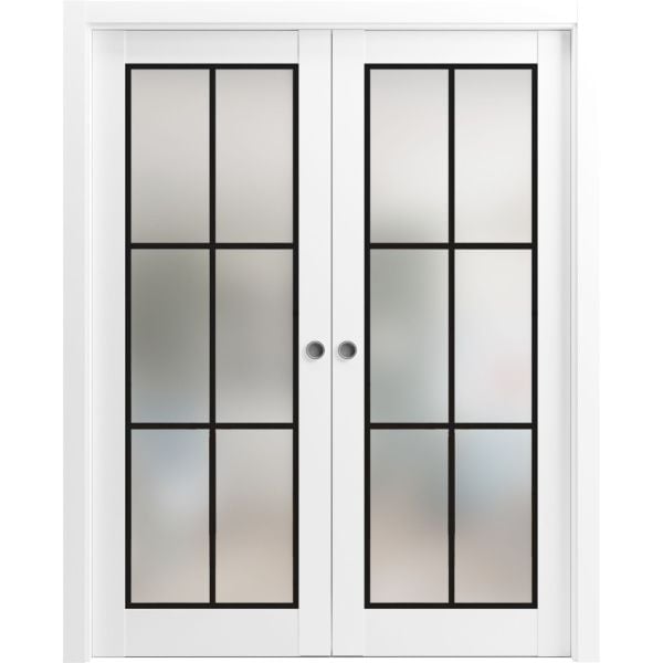 Sliding French Double Pocket Doors | Planum 2122 White Silk with Frosted Glass | Kit Trims Rail Hardware | Solid Wood Interior Bedroom Sturdy Doors
