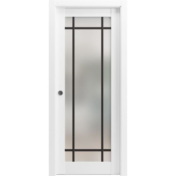 Sliding Pocket Door with Frosted Tempered Glass | Planum 2112 White Silk with Frosted Glass | Kit Trims Rail Hardware | Solid Wood Interior Bedroom Bathroom Closet Sturdy Doors