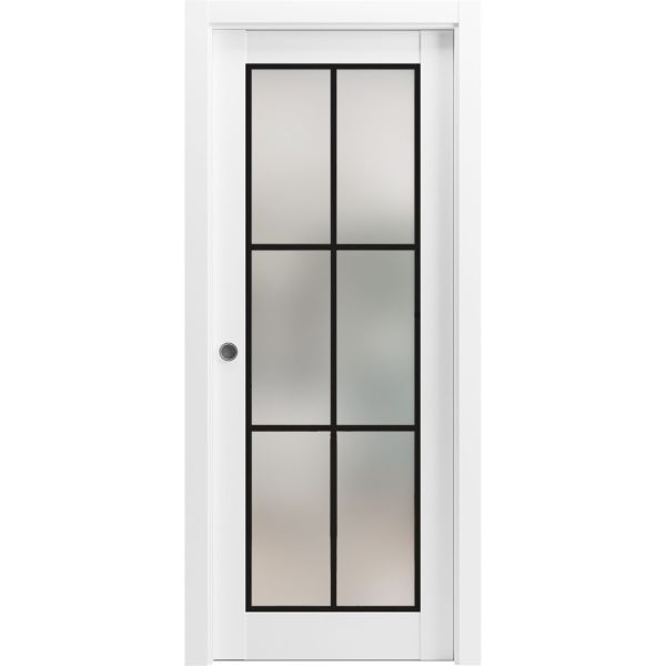 Sliding Pocket Door with Frosted Tempered Glass | Planum 2122 White Silk with Frosted Glass | Kit Trims Rail Hardware | Solid Wood Interior Bedroom Bathroom Closet Sturdy Doors