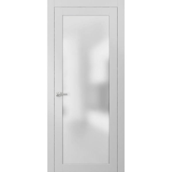 Solid French Door Frosted Glass | Planum 2102 White Silk | Single Regular Panel Frame Trims Handle | Bathroom Bedroom Sturdy Doors -18" x 80"-Frosted Glass-Butterfly