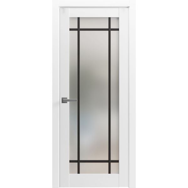 Solid French Door | Planum 2112 White Silk with Frosted Glass | Single Regular Panel Frame Trims Handle | Bathroom Bedroom Sturdy Doors 