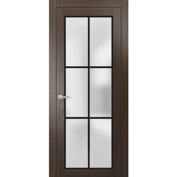 Solid French Door | Planum 2122 Chocolate Ash with Frosted Glass | Single Regular Panel Frame Trims Handle | Bathroom Bedroom Sturdy Doors 
