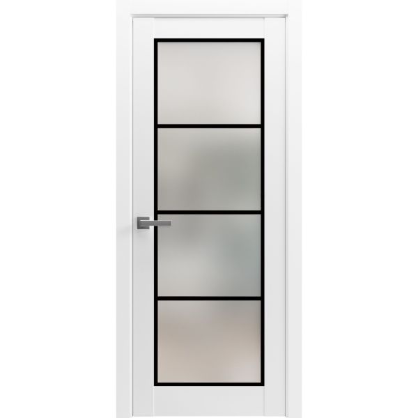 Solid French Door | Planum 2132 White Silk with Frosted Glass | Single Regular Panel Frame Trims Handle | Bathroom Bedroom Sturdy Doors 