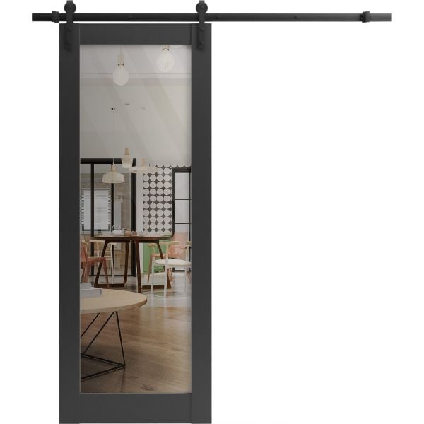 Sturdy Barn Door Clear Tempered Glass | Lucia 2166 Matte Black | 6.6FT Black Rail Hangers Heavy Hardware Set | Modern Solid Panel Interior Doors