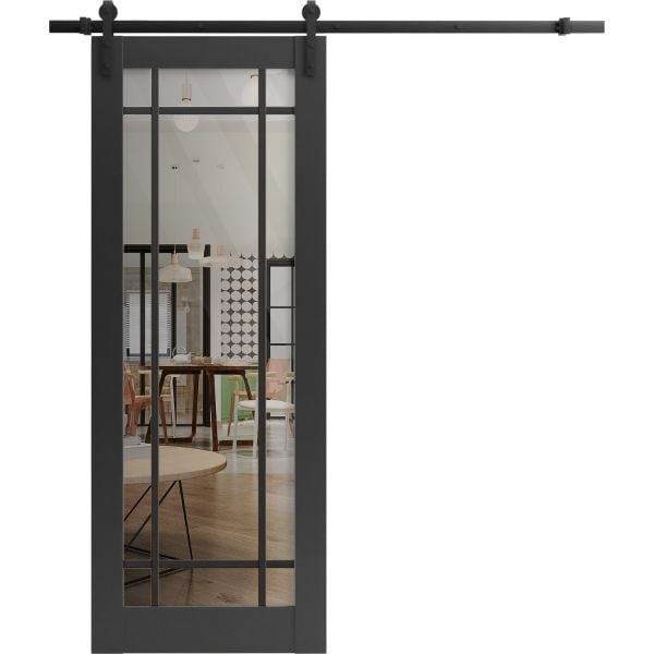 Sturdy Barn Door | Lucia 2266 Matte Black with Clear Glass | 6.6FT Black Rail Hangers Heavy Hardware Set | Modern Solid Panel Interior Doors