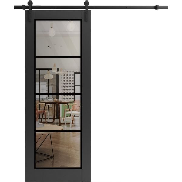 Sturdy Barn Door | Lucia 2466 Matte Black with Clear Glass | 6.6FT Black Rail Hangers Heavy Hardware Set | Modern Solid Panel Interior Doors