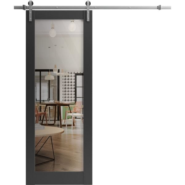 Sturdy Barn Door | Lucia 2166 Matte Black with Clear Glass | 6.6FT Silver Rail Hangers Heavy Hardware Set | Modern Solid Panel Interior Doors