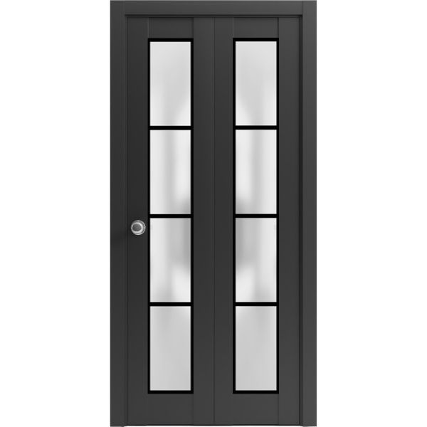 Sliding Closet Bi-fold Doors | Planum 2132 Matte Black with Frosted Glass | Sturdy Tracks Moldings Trims Hardware Set | Wood Solid Bedroom Wardrobe Doors 