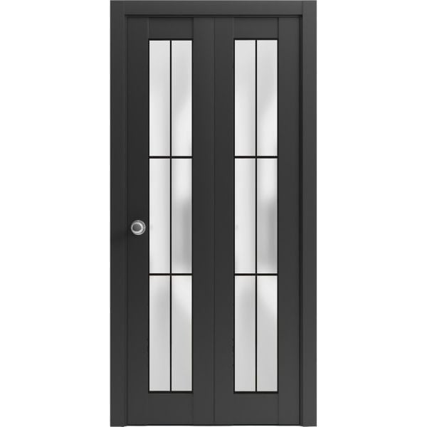 Sliding Closet Bi-fold Doors | Planum 2122 Matte Black with Frosted Glass | Sturdy Tracks Moldings Trims Hardware Set | Wood Solid Bedroom Wardrobe Doors 