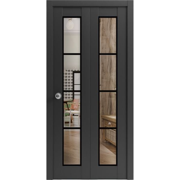Sliding Closet Bi-fold Doors | Lucia 2466 Matte Black with Clear Glass | Sturdy Tracks Moldings Trims Hardware Set | Wood Solid Bedroom Wardrobe Doors 
