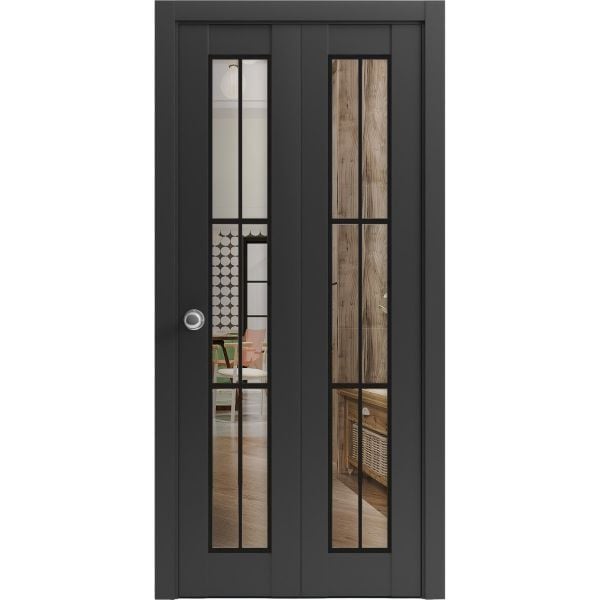 Sliding Closet Bi-fold Doors | Lucia 2366 Matte Black with Clear Glass | Sturdy Tracks Moldings Trims Hardware Set | Wood Solid Bedroom Wardrobe Doors 