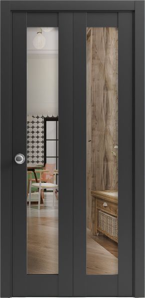 Sliding Closet Bi-fold Doors | Lucia 2166 Matte Black with Clear Glass | Sturdy Tracks Moldings Trims Hardware Set | Wood Solid Bedroom Wardrobe Doors 