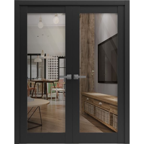 Solid French Double Doors Clear Glass | Lucia 2166 Matte Black | Wood Solid Panel Frame Trims | Closet Bedroom Sturdy Doors