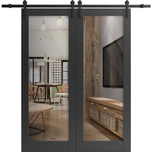 Sturdy Double Barn Door with Clear Glass | Lucia 2166 Matte Black | 13FT Rail Hangers Heavy Set | Solid Panel Interior Doors-48" x 96" (2* 24x96)-Clear Glass-Black Rail