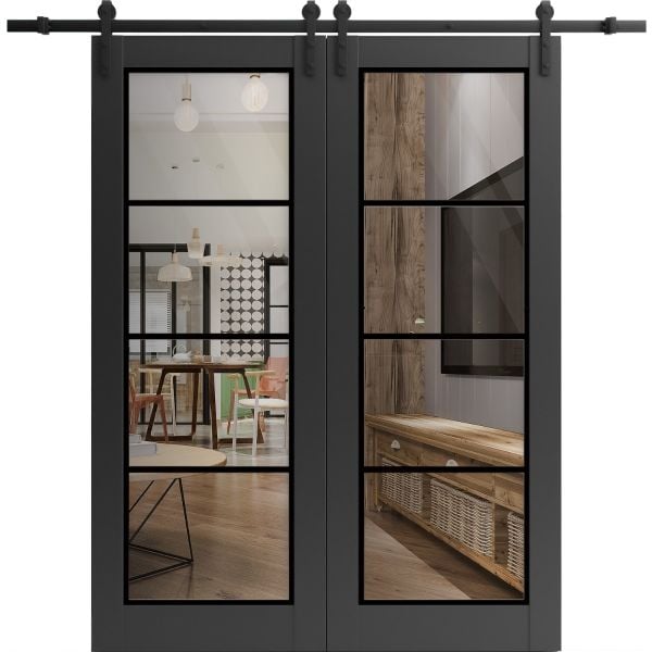 Sturdy Double Barn Door | Lucia 2466 Matte Black with Clear Glass | 13FT Rail Hangers Heavy Set | Solid Panel Interior Doors