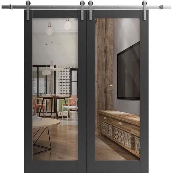 Sturdy Double Barn Door with Clear Glass | Lucia 2166 Matte Black | Stainless Steel 13FT Rail Hangers Heavy Set | Solid Panel Interior Doors-36" x 80"-Silver Rail-Clear Glass