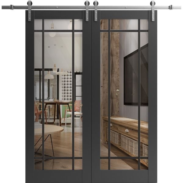 Sturdy Double Barn Door | Lucia 2266 Matte Black with Clear Glass | Stainless Steel 13FT Rail Hangers Heavy Set | Solid Panel Interior Doors