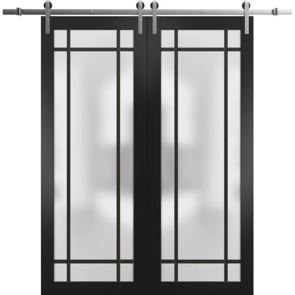 Sturdy Double Barn Door with Frosted Glass | Planum 2112 Matte Black | 13FT Silver Rail Hangers Heavy Set | Modern Solid Panel Interior Doors  -84" x 96" (2* 42x96)