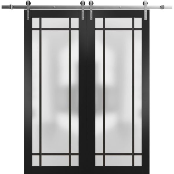 Sturdy Double Barn Door with Frosted Glass | Planum 2112 Matte Black and Aluminum Strips | 13FT Silver Rail Hangers Heavy Set | Modern Solid Panel Interior Doors  -36" x 84" (2* 18x84)
