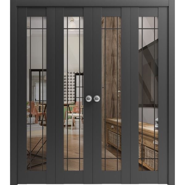 Sliding Closet Double Bi-fold Doors | Lucia 2266 Matte Black with Clear Glass | Sturdy Tracks Moldings Trims Hardware Set | Wood Solid Bedroom Wardrobe Doors 