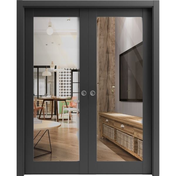 Sliding Double Pocket Door | Lucia 2166 Matte Black with Clear Glass | Kit Trims Rail Hardware | Solid Wood Interior Bedroom Bathroom Closet Sturdy Doors