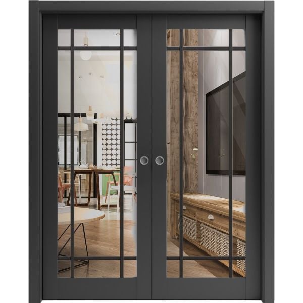 Sliding Double Pocket Door | Lucia 2266 Matte Black with Clear Glass | Kit Trims Rail Hardware | Solid Wood Interior Bedroom Bathroom Closet Sturdy Doors