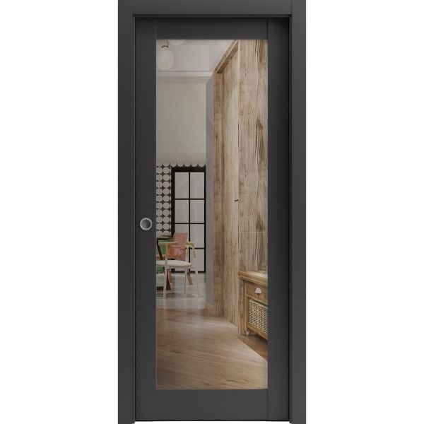 Sliding French Pocket Door Clear Glass | Lucia 2166 Matte Black | Kit Trims Rail Hardware | Solid Wood Interior Bedroom Sturdy Doors-18" x 80"-Clear Glass