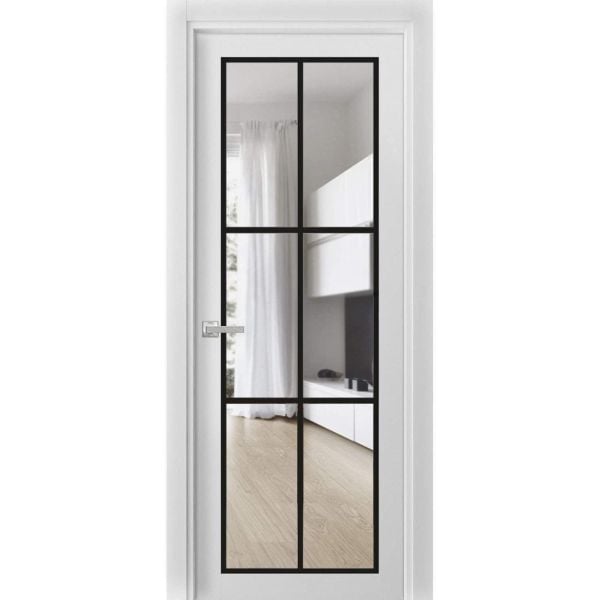Solid French Door Clear Glass | Lucia 2366 White Silk | Single Regular Panel Frame Trims Handle | Bathroom Bedroom Sturdy Doors  -18" x 80"-Clear Glass-ButterflyBlack